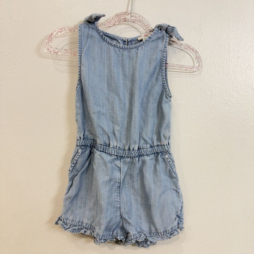 Vineyard Vines Girls 4T Chambray Romper Lyocell Denim Tie Shoulder Ruffle